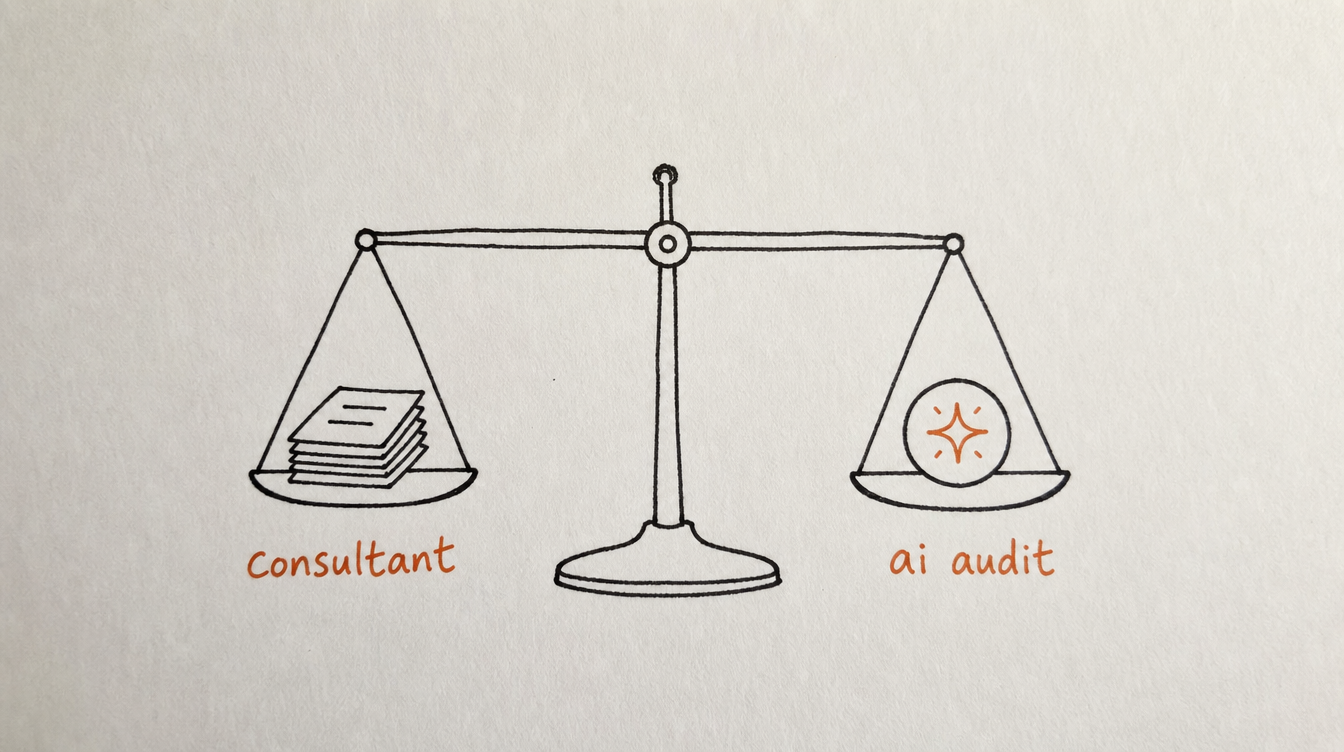 Hand-drawn balance scale diagram on paper weighing a community consultant against an AI audit for a Skool community