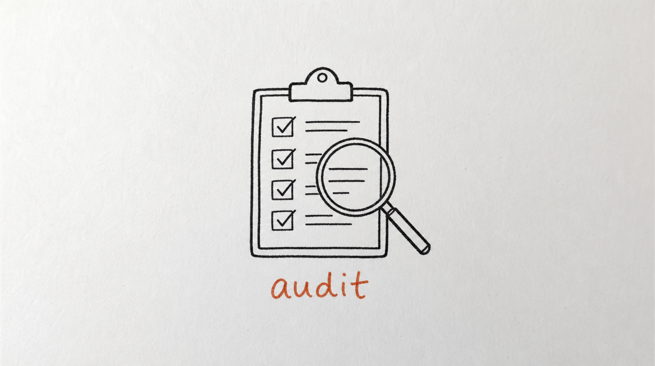 Hand-drawn clipboard and magnifying glass diagram on paper representing a Skool community health audit