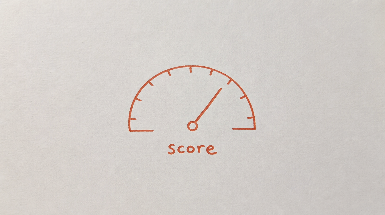 Hand-drawn gauge diagram on paper representing scoring each stage of a Skool community audit