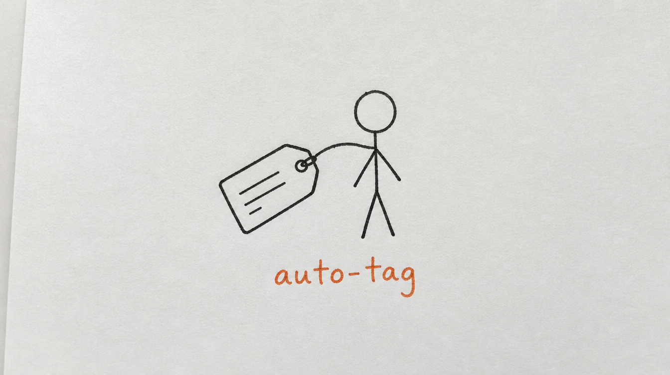 Hand-drawn diagram on paper of a tag icon representing auto-tagging Skool members by activity level
