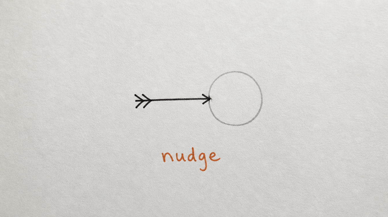 Hand-drawn diagram on paper of an arrow nudging a faded circle, representing a lurker nudge automation for a Skool community