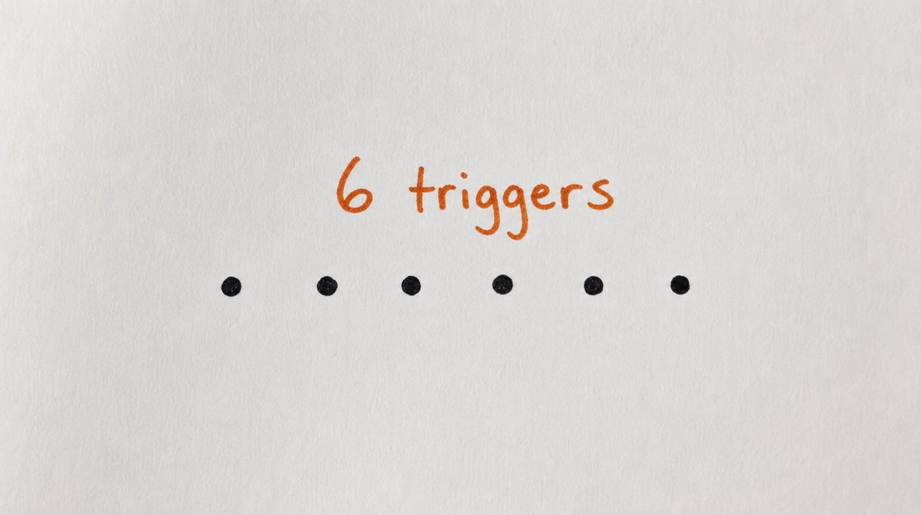 Hand-drawn diagram on paper of six dots representing behaviors that trigger auto-tags for Skool members