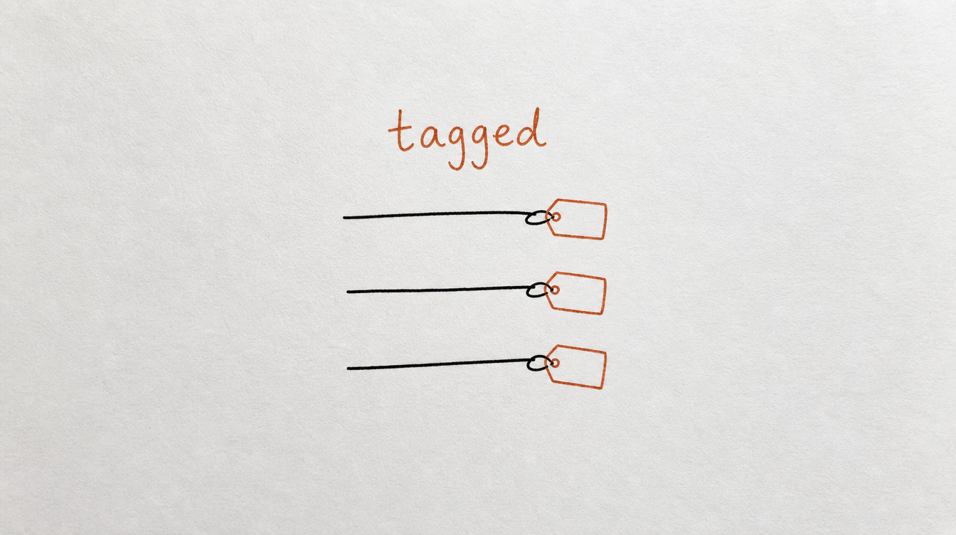 Hand-drawn diagram on paper of a member list with tags attached, representing auto-tagging Skool members