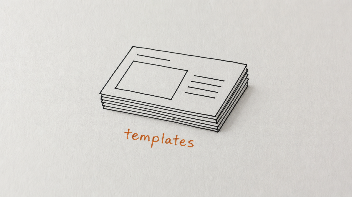 Hand-drawn diagram on paper of a stack of templates representing a 30-post Skool template pack