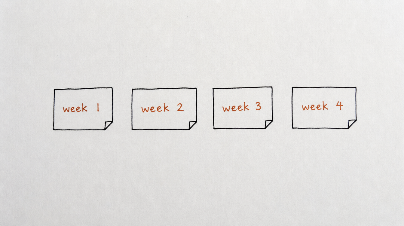 Hand-drawn diagram on paper of a four-week launch blueprint for a Skool community