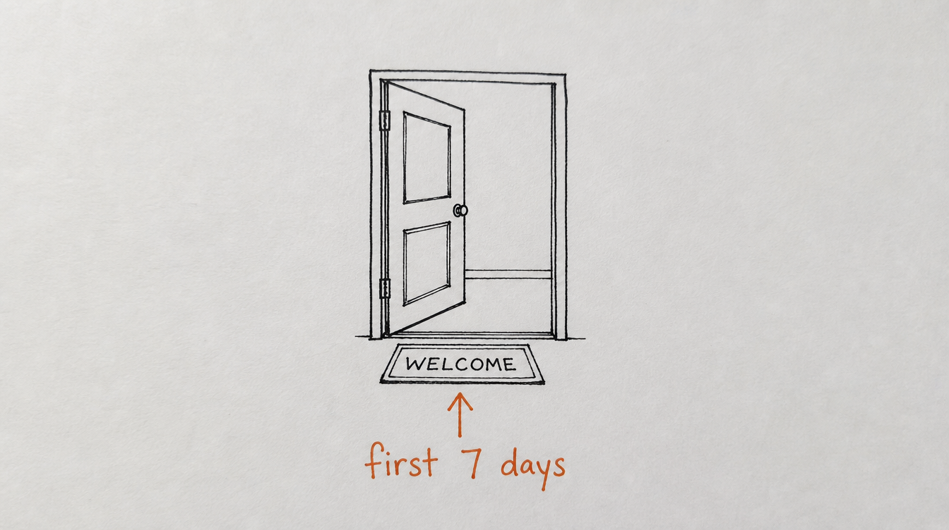 Hand-drawn diagram on paper of a welcome doorway representing the first seven days of onboarding in a Skool community