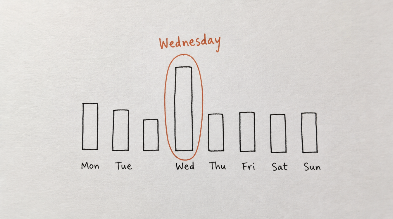 Hand-drawn bar chart on paper showing Wednesday as the best day to post in a Skool community