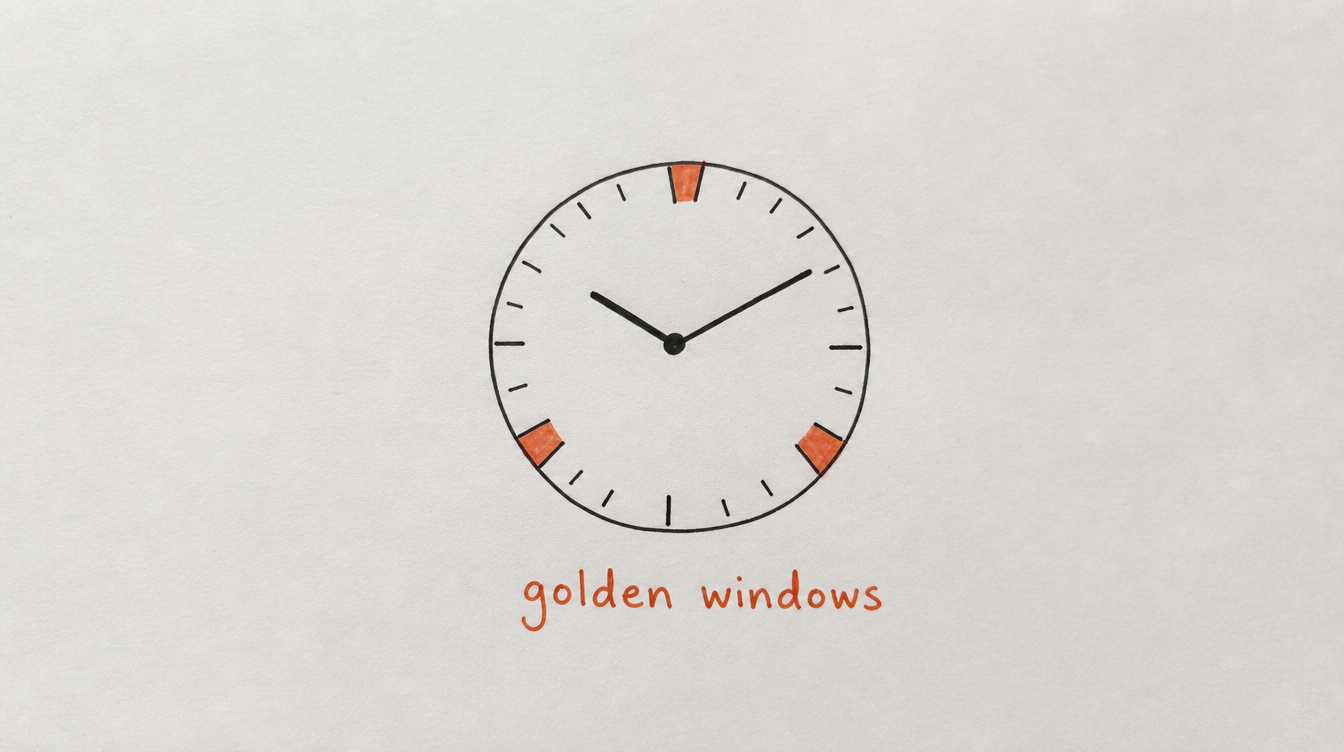 Hand-drawn clock diagram on paper highlighting the three golden posting windows for a Skool community