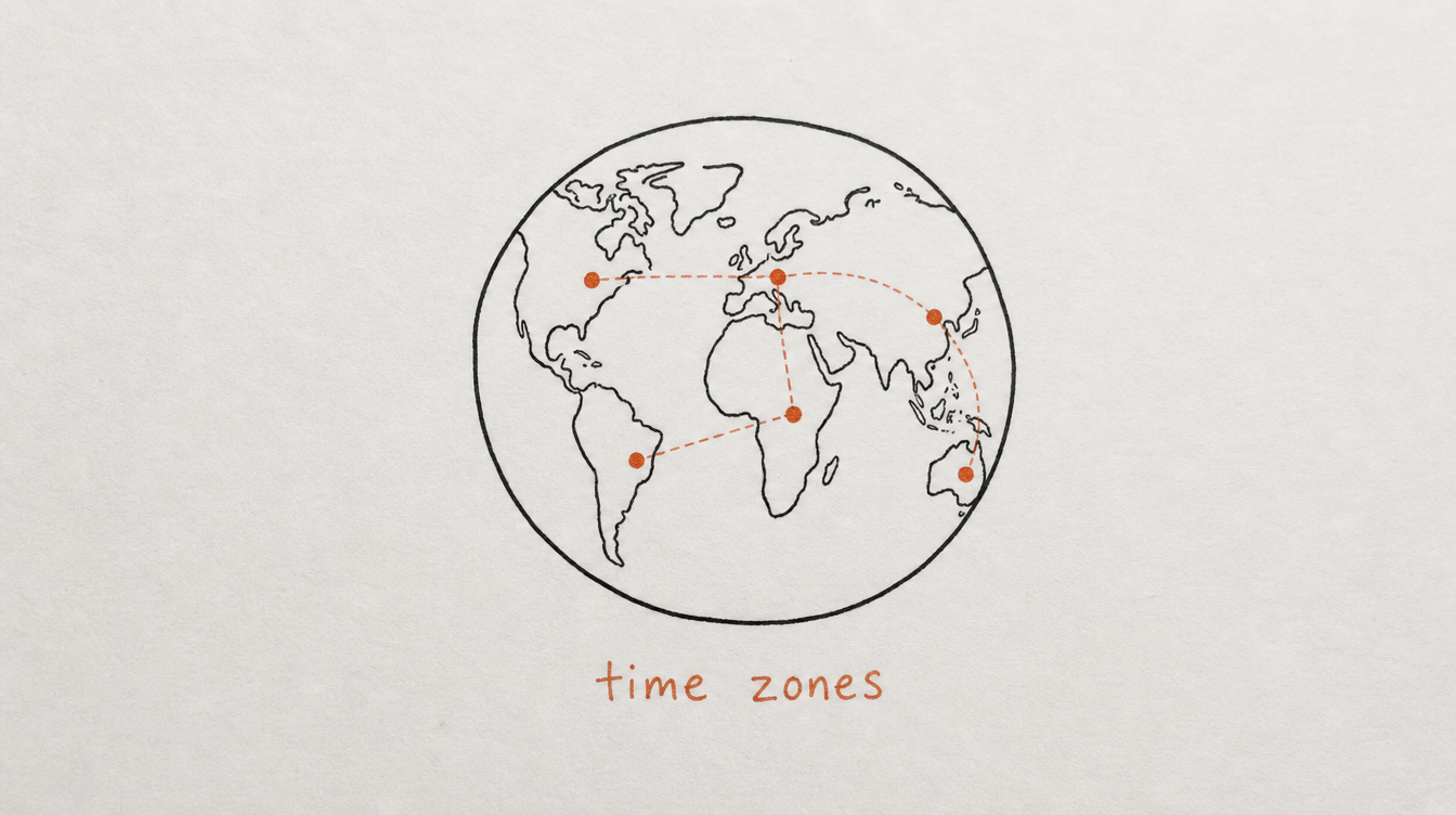 Hand-drawn globe diagram on paper representing time zone considerations for a global Skool community