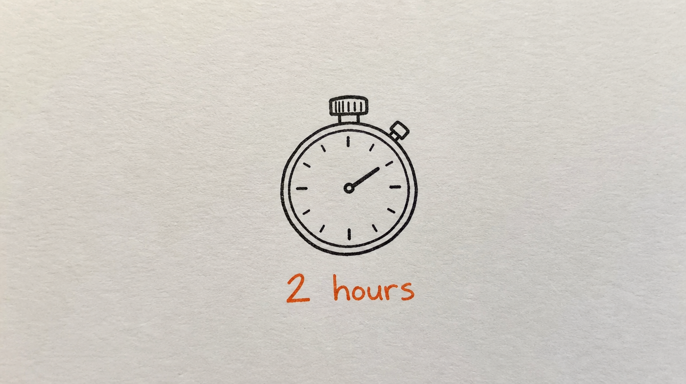 Hand-drawn stopwatch diagram on paper representing batch planning a month of Skool content in two hours