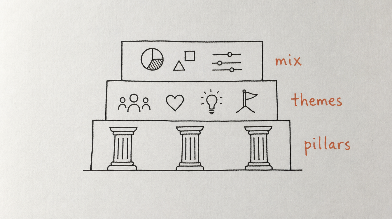 Hand-drawn diagram on paper of three stacked layers: pillars, themes, and mix, representing a Skool content calendar framework