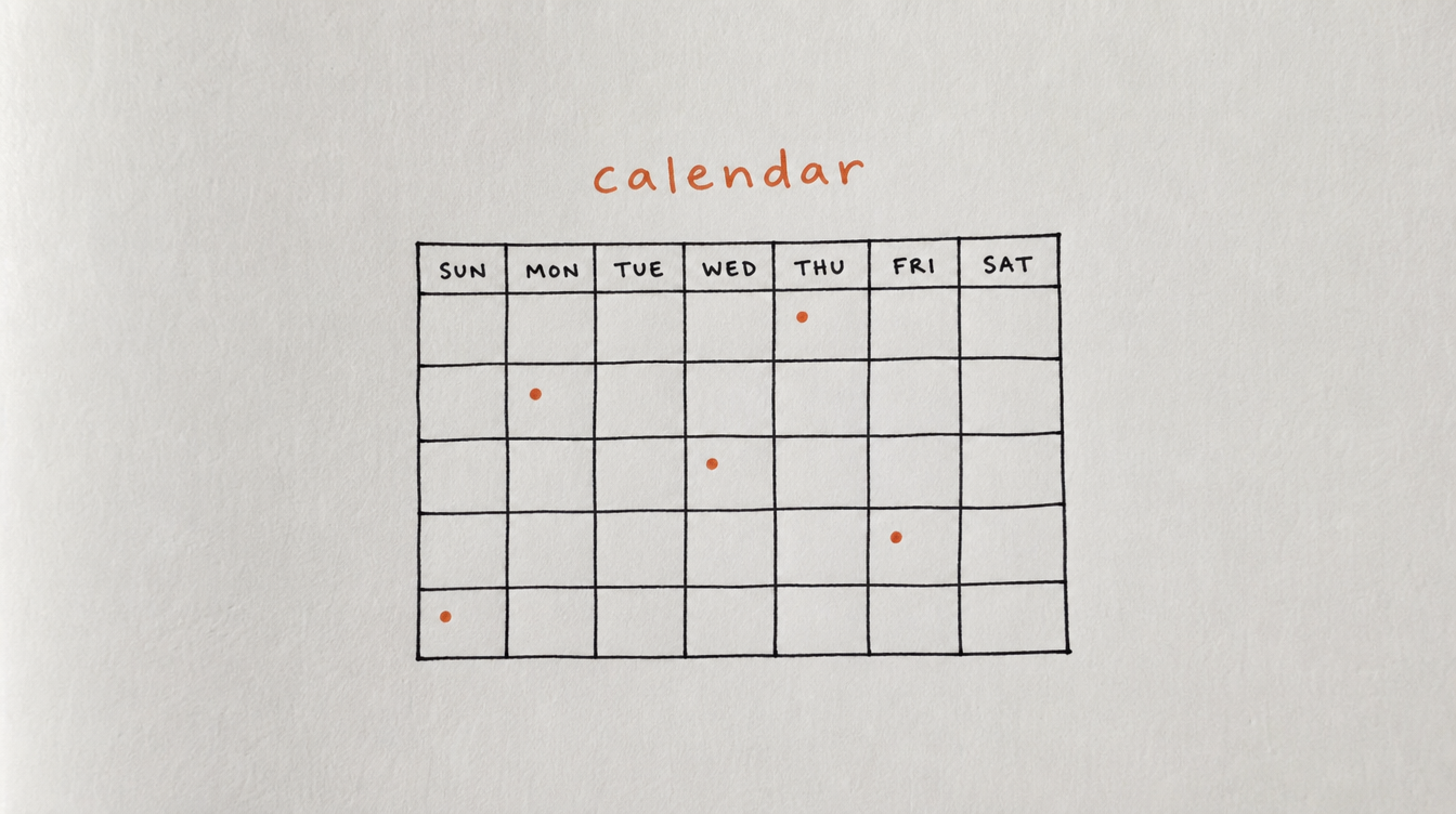 Hand-drawn calendar grid diagram on paper representing a Skool community content calendar