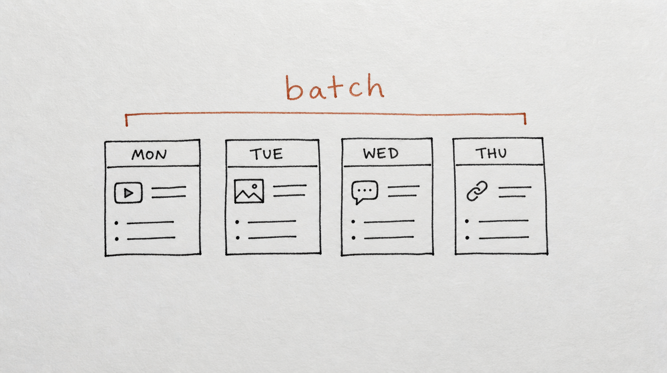 Hand-drawn diagram on paper of batch content blocks representing Claude scheduling Skool posts