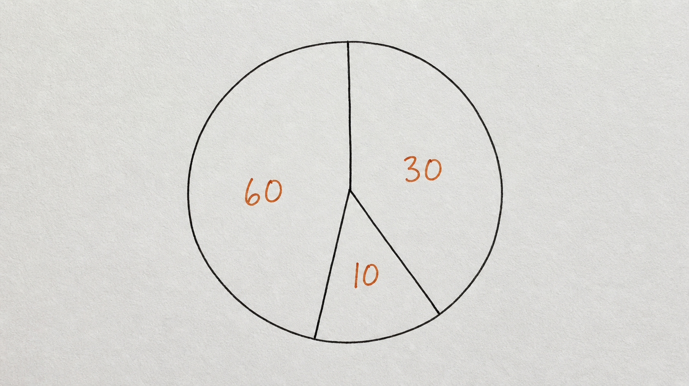 Hand-drawn pie chart on paper illustrating the 60/30/10 content mix formula for Skool posting