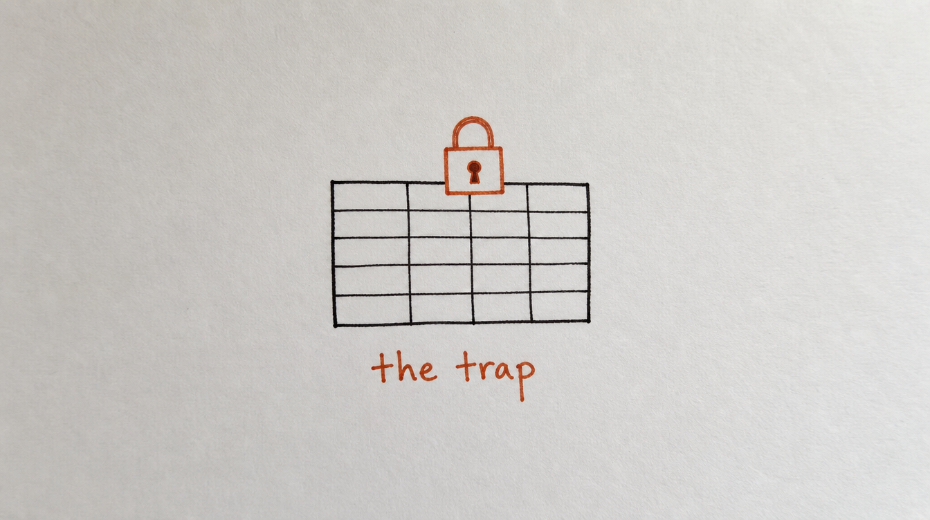 Hand-drawn spreadsheet diagram on paper with a padlock, representing the spreadsheet trap for managing a Skool community