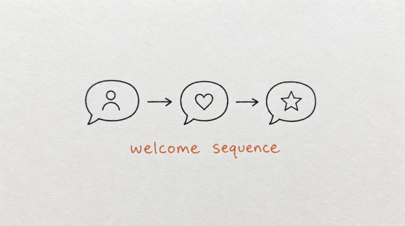Hand-drawn diagram on paper of three connected message bubbles representing an automated Skool DM welcome sequence