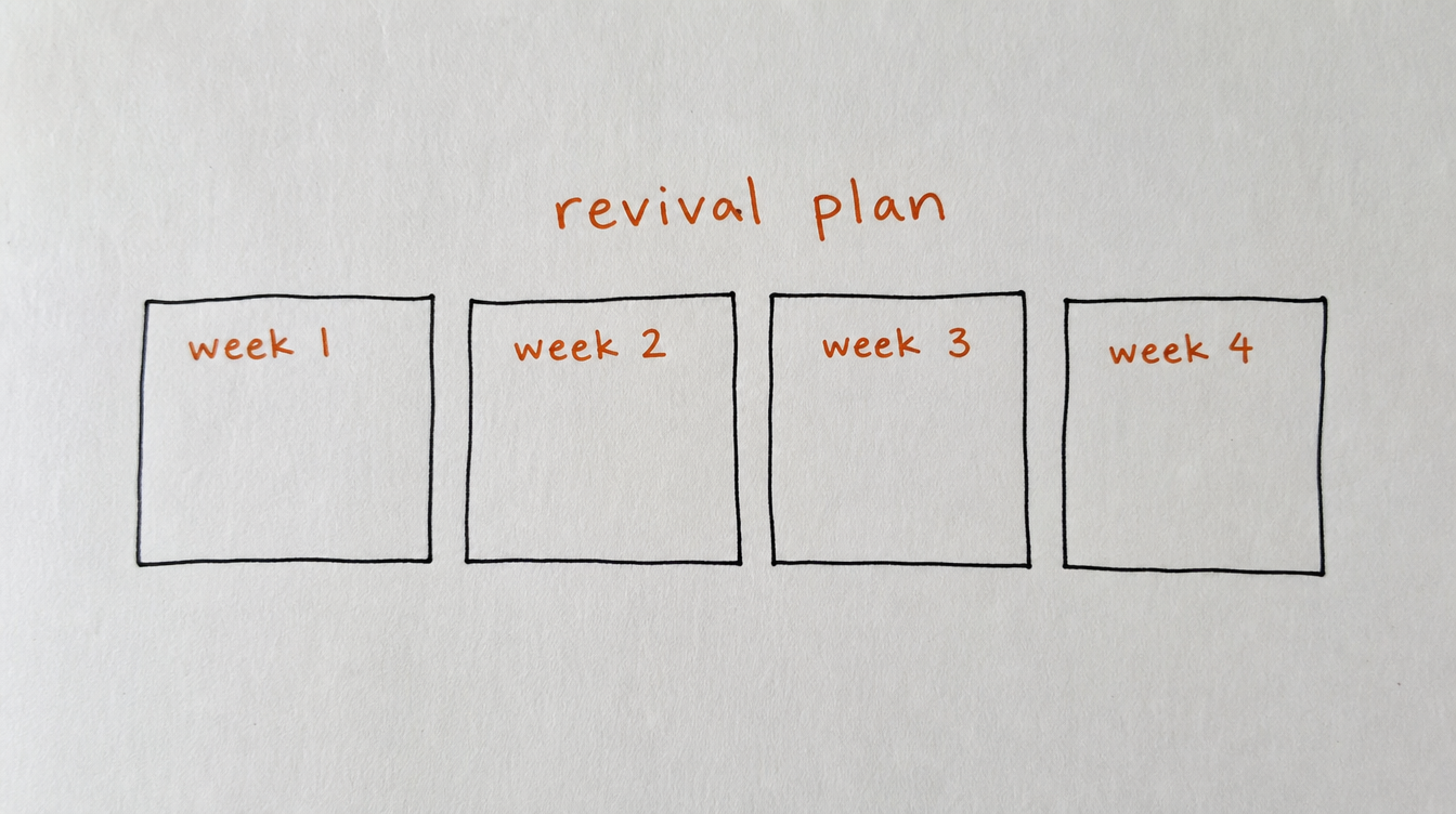 Hand-drawn diagram on paper of a four-week revival plan for a dying Skool community