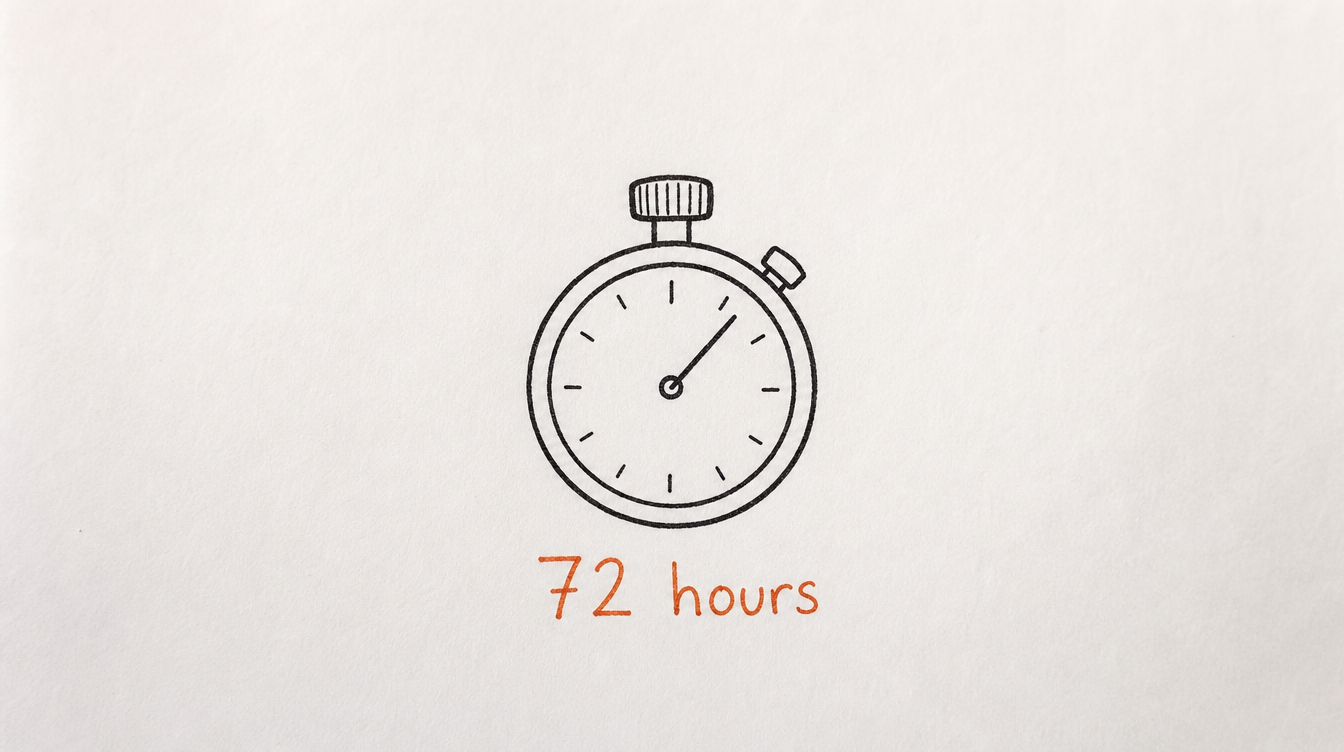 Hand-drawn stopwatch diagram on paper representing a 72-hour engagement triage for a Skool community