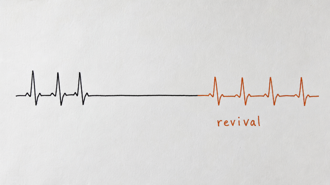 Hand-drawn heartbeat monitor diagram on paper showing a flatline returning to a steady pulse, representing reviving a dying Skool community