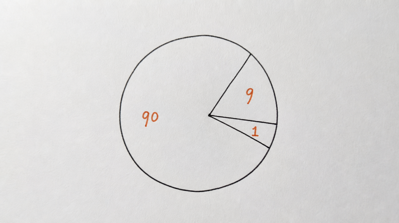 Hand-drawn pie chart on paper illustrating the 90-9-1 rule of participation in a Skool community
