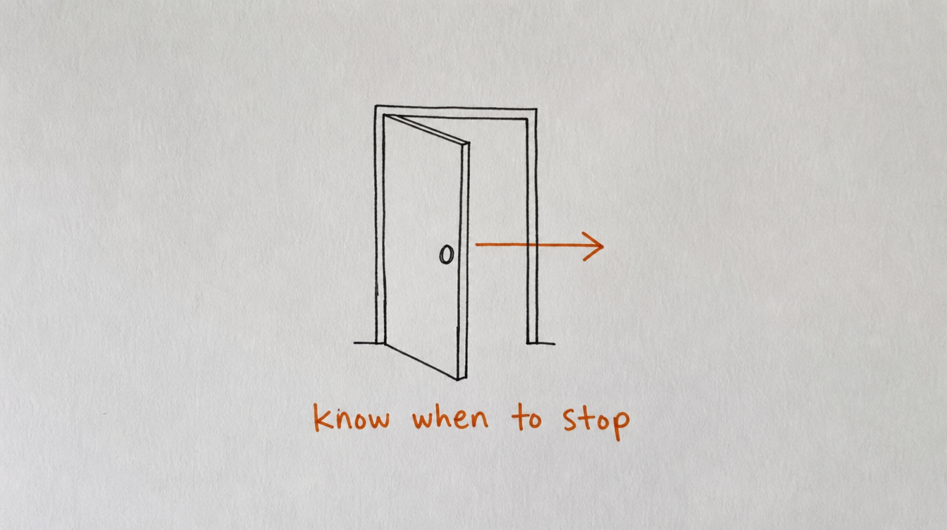 Hand-drawn exit door diagram on paper representing knowing when to stop following up with inactive Skool members