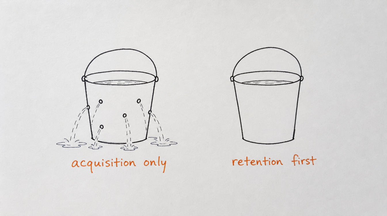 Hand-drawn diagram on paper comparing acquisition-only and retention-first buckets for growing a Skool community