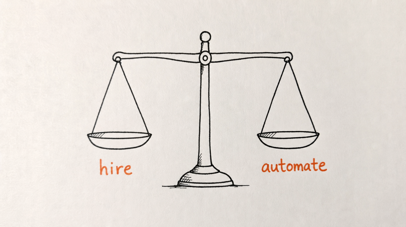 Hand-drawn balance scale diagram on paper weighing hiring a community manager against automating a Skool community