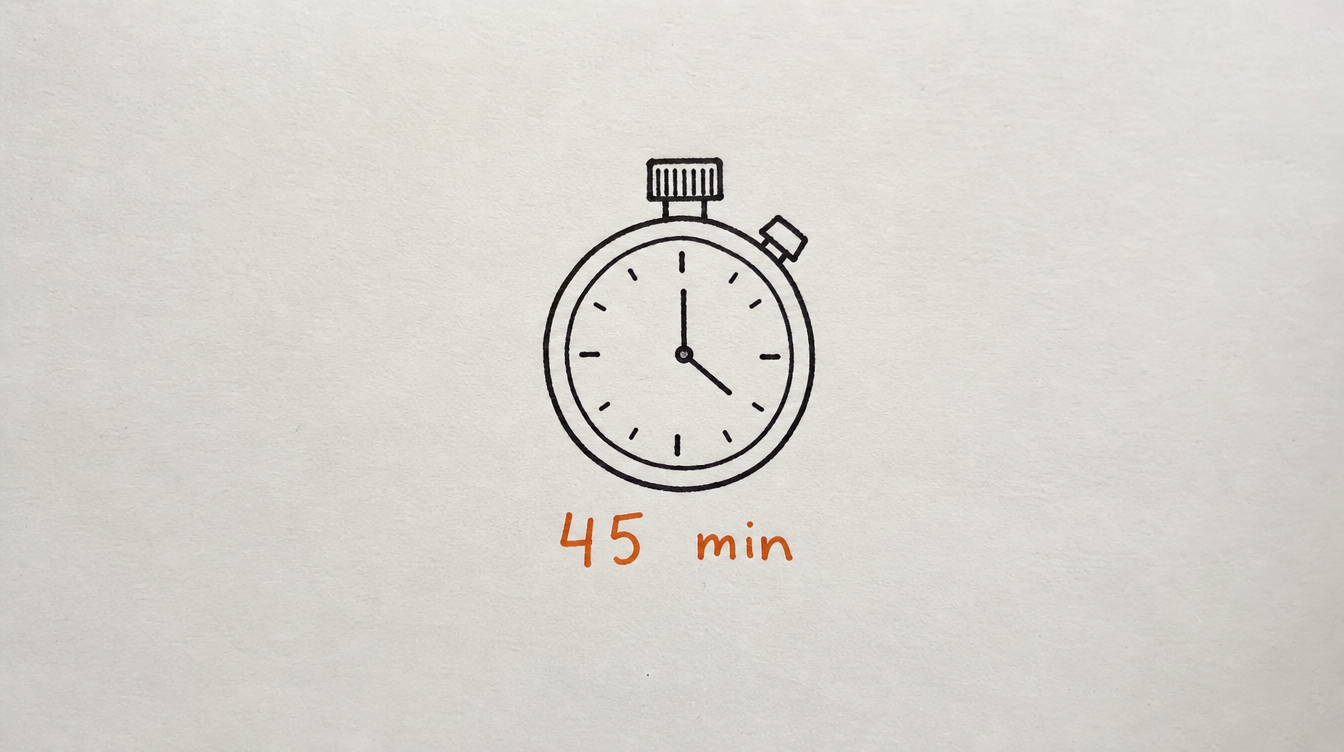 Hand-drawn stopwatch diagram on paper representing batch posting a week of Skool content in 45 minutes