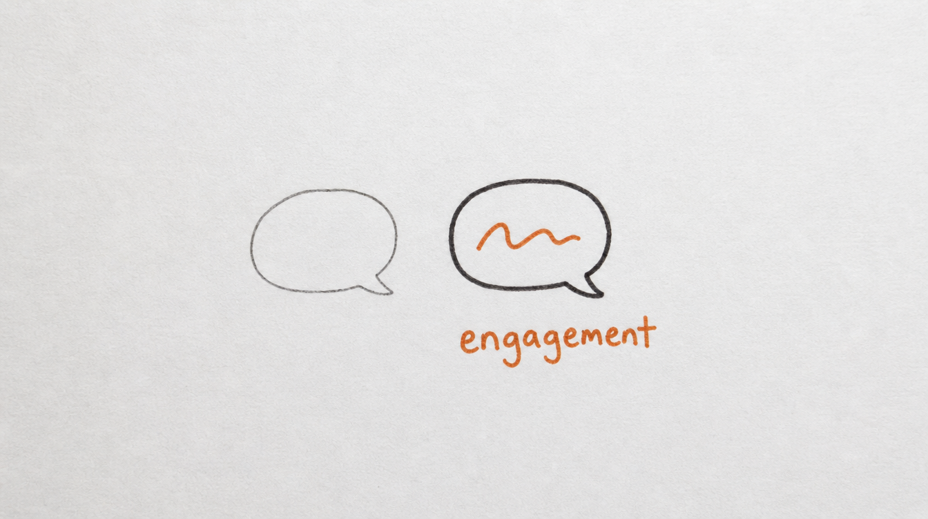 Hand-drawn diagram on paper contrasting an empty and a filled speech bubble, representing Skool community engagement