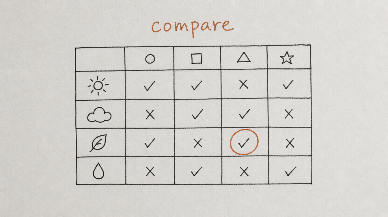 Hand-drawn comparison grid diagram on paper comparing Zapier, Make, and native Skool automation