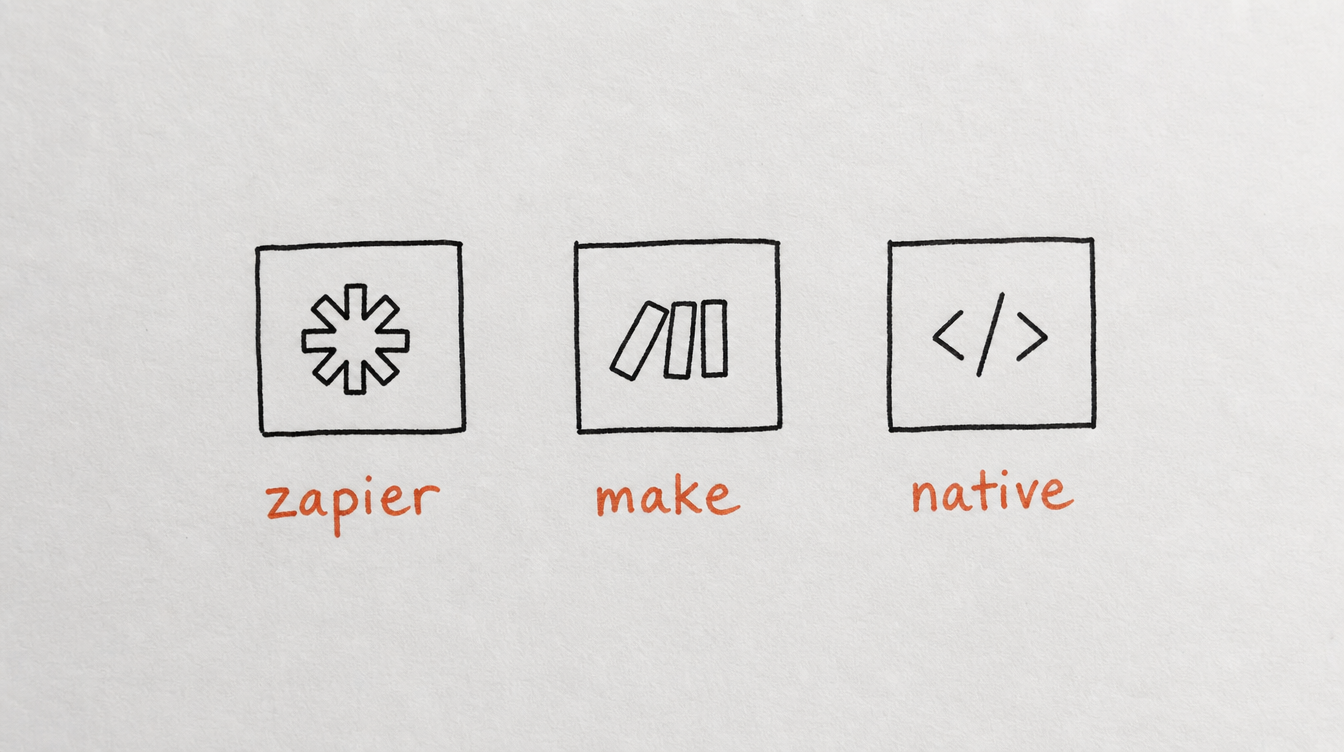 Hand-drawn diagram on paper of three boxes representing Zapier, Make, and native Skool automation tools