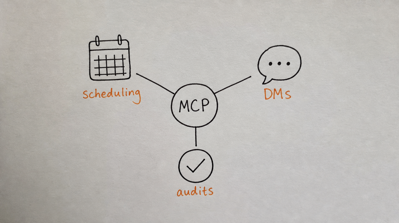 Hand-drawn diagram on paper of Skool MCP tool categories branching from a central hub: scheduling, DMs, and audits