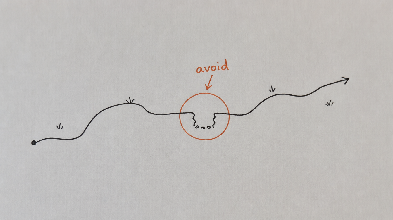 Hand-drawn diagram on paper of a path with a gap to avoid, representing common mistakes in Skool community management