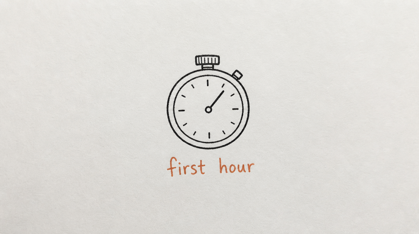 Hand-drawn stopwatch diagram on paper representing the first-hour response rule for Skool community engagement