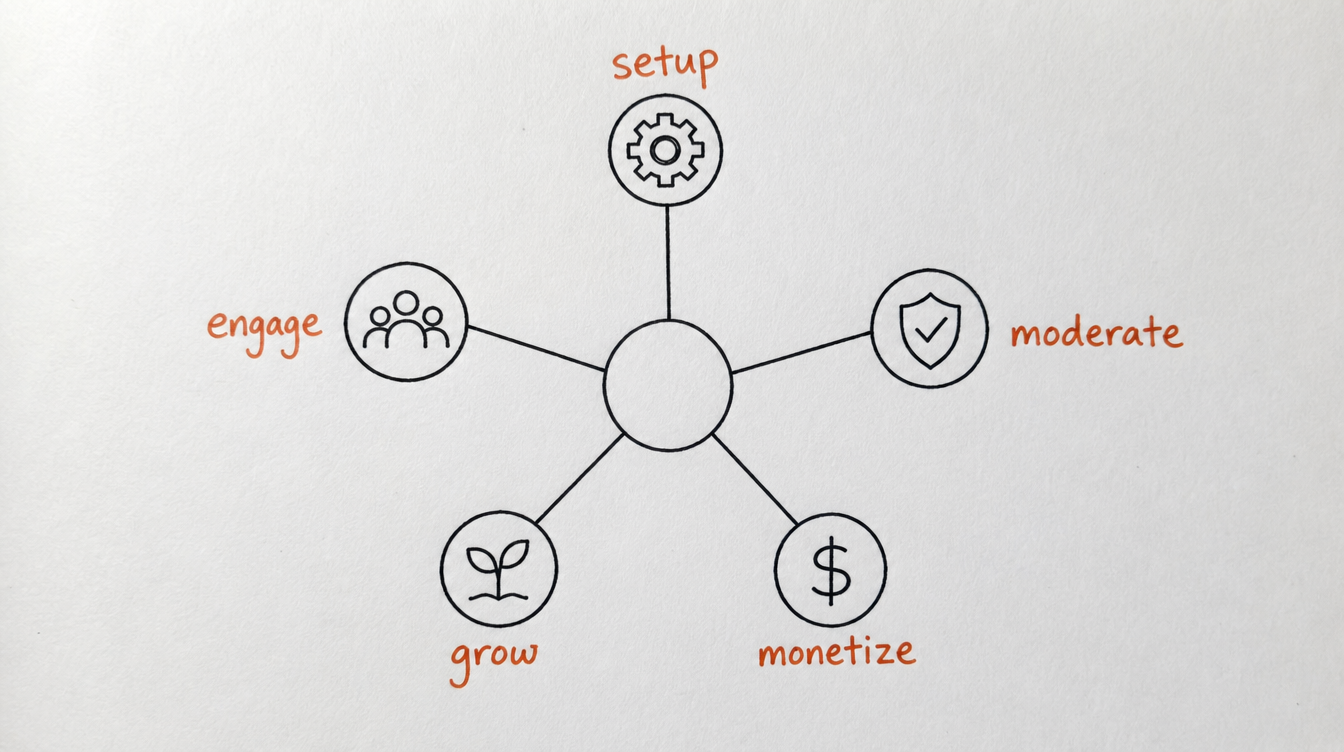 Hand-drawn hub and spoke diagram on paper showing the five pillars of Skool community management: setup, engage, moderate, grow, and monetize
