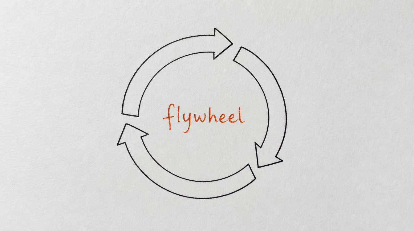 Hand-drawn diagram on paper of a flywheel representing a self-reinforcing content strategy for a Skool community