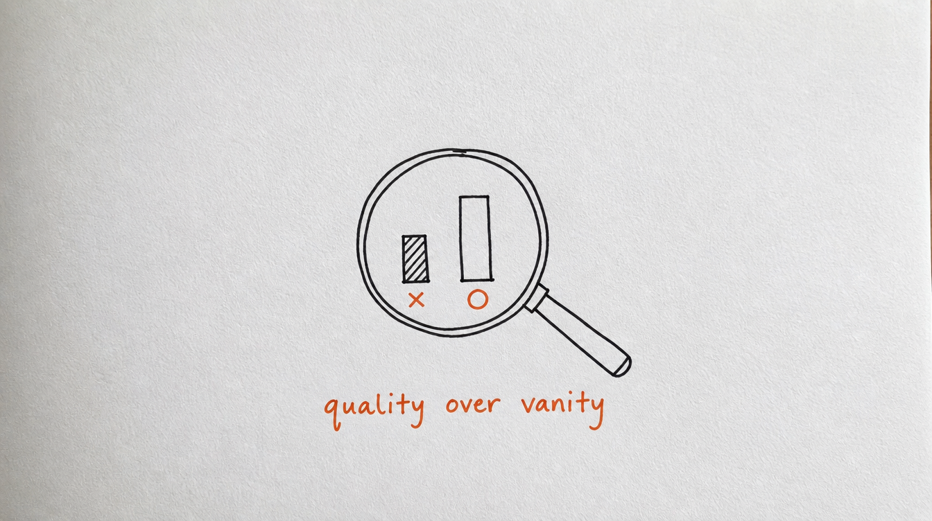 Hand-drawn diagram on paper contrasting vanity metrics and quality metrics for tracking Skool community growth