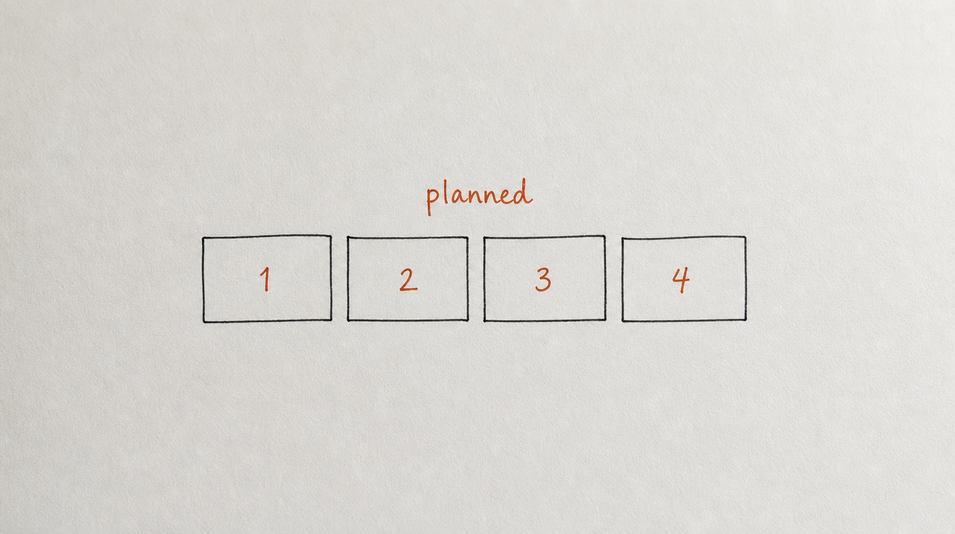 Hand-drawn diagram on paper of planned content calendar blocks for Mighty Networks posting
