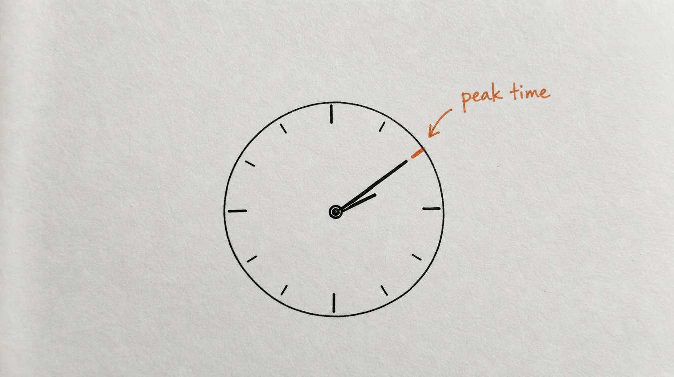 Hand-drawn diagram on paper of a clock highlighting peak posting time for a Mighty Networks community