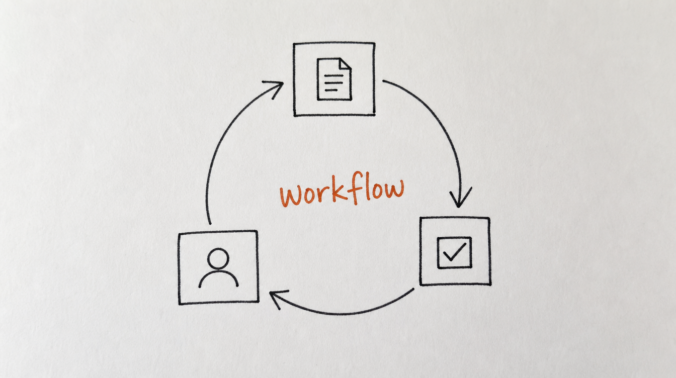 Hand-drawn diagram on paper of a looping arrow representing an automated content workflow for Mighty Networks