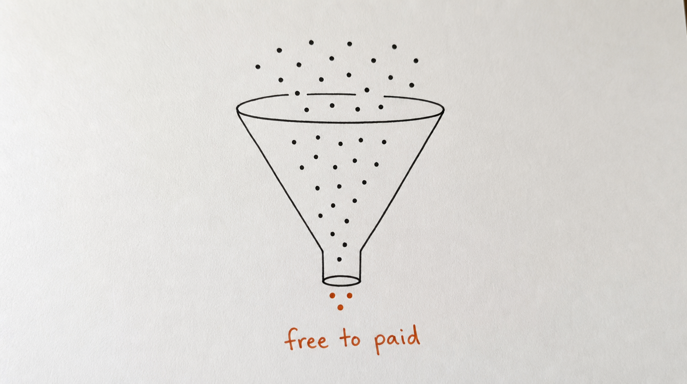 Hand-drawn funnel diagram on paper representing free members converting to paid in a Skool community