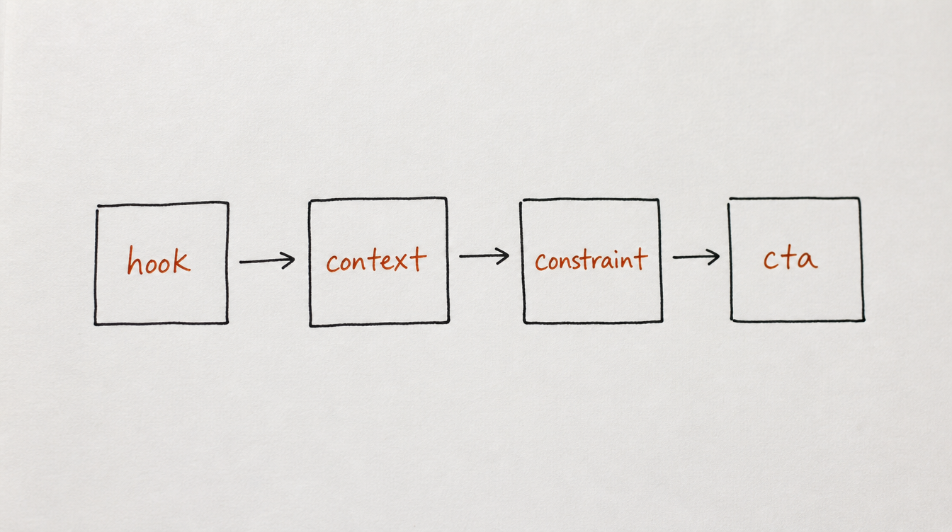 Hand-drawn diagram on paper of the hook, context, constraint, cta framework for Skool community posts