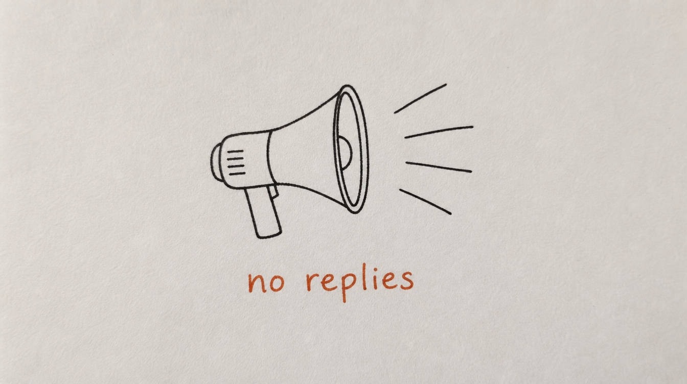Hand-drawn megaphone diagram on paper representing a Skool post that gets no comments