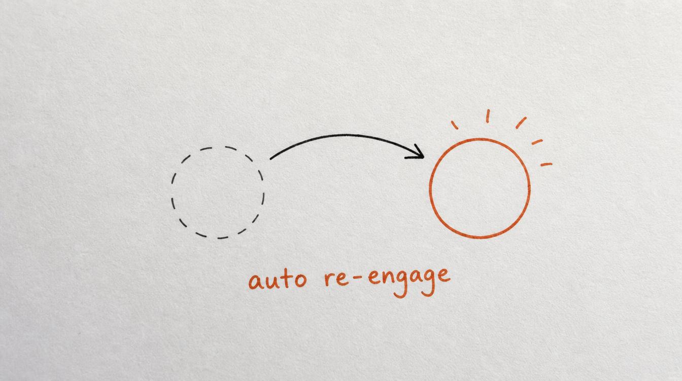Hand-drawn diagram on paper of a faded circle becoming bright, representing automated re-engagement for a Skool community