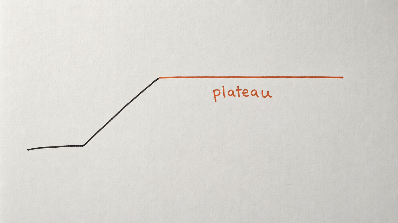 Hand-drawn diagram on paper of a line flattening into a plateau, representing the value plateau problem in a Skool community