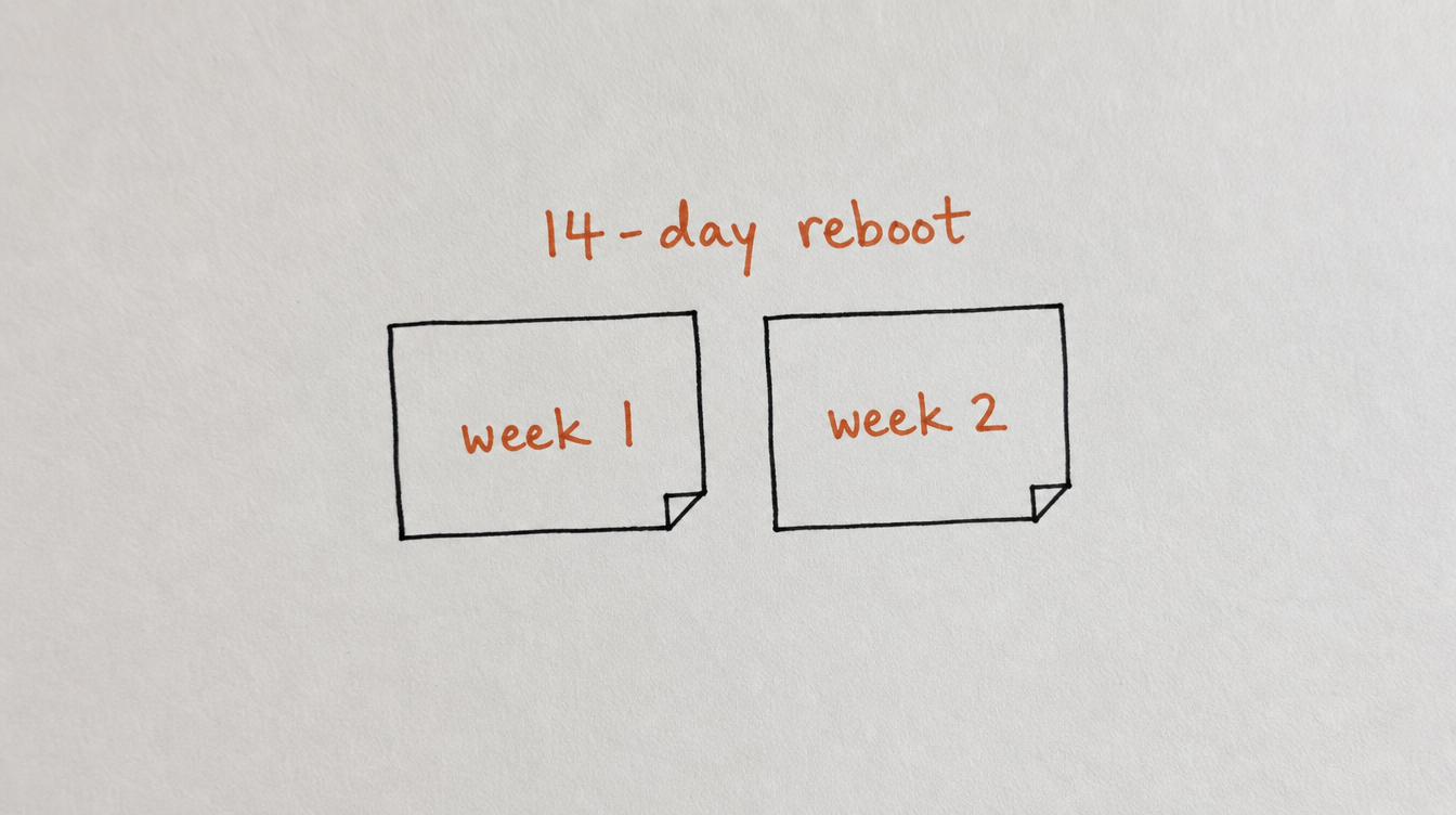 Hand-drawn diagram on paper of a fourteen-day engagement reboot plan for a Skool community