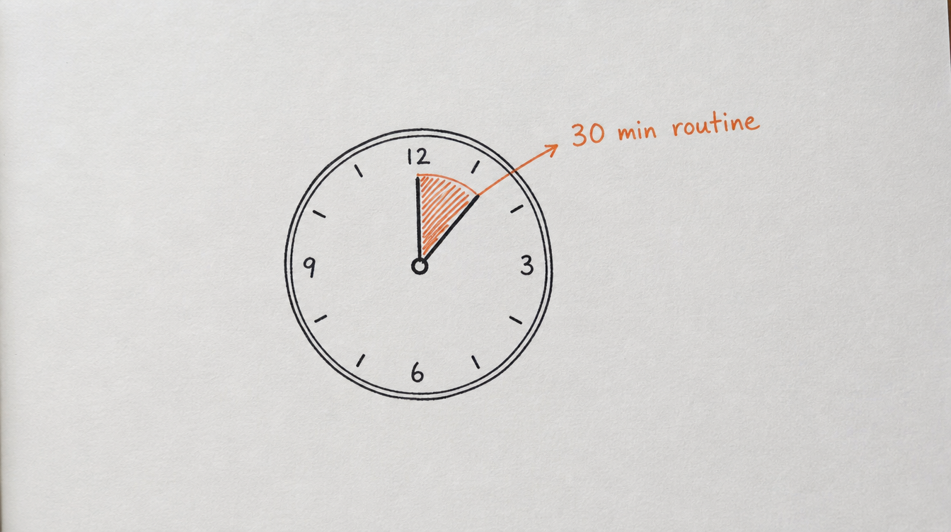 Hand-drawn clock diagram on paper representing a 30-minute daily routine for running a Skool community