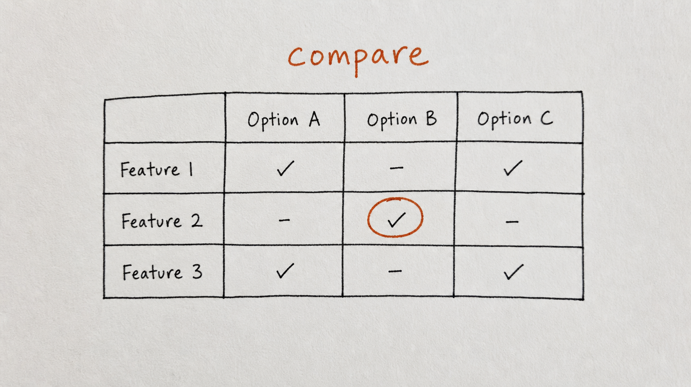Hand-drawn comparison grid diagram on paper for evaluating Skool scheduling tools