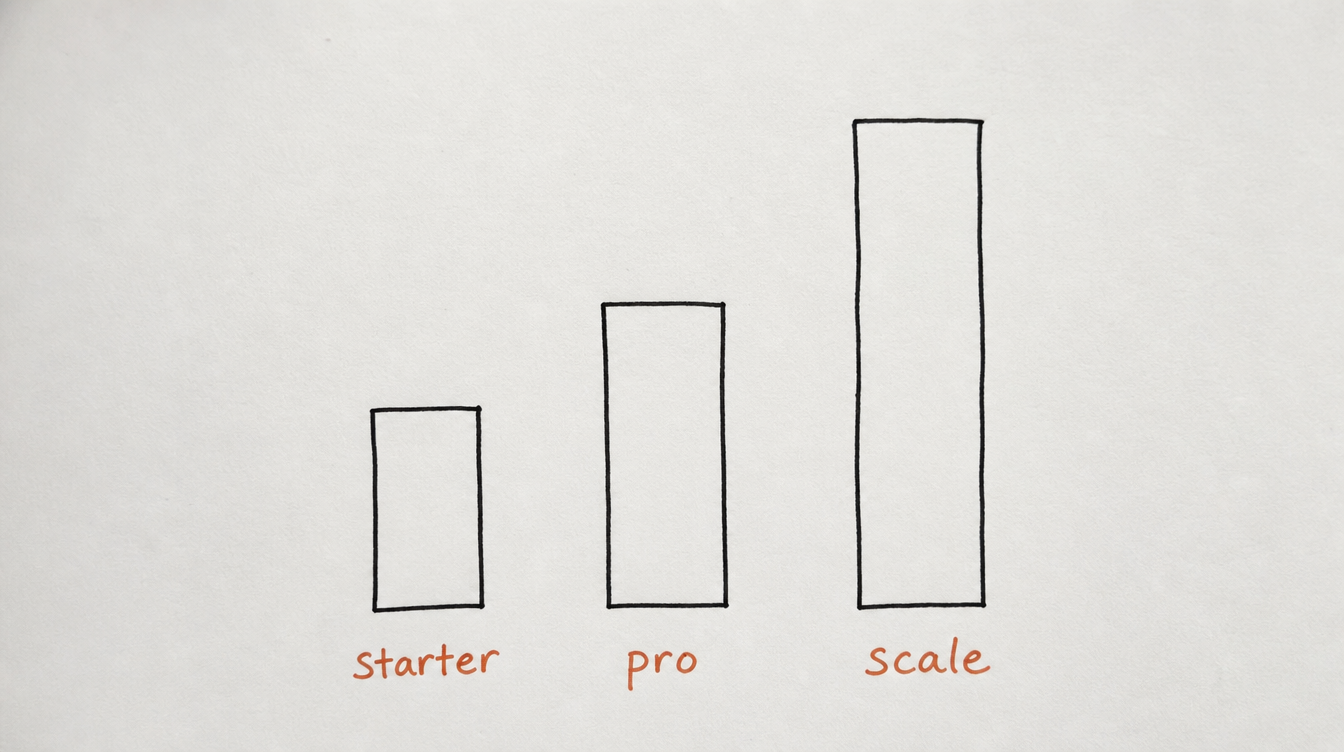 Hand-drawn bar chart on paper comparing starter, pro, and scale pricing tiers for Skool scheduling tools