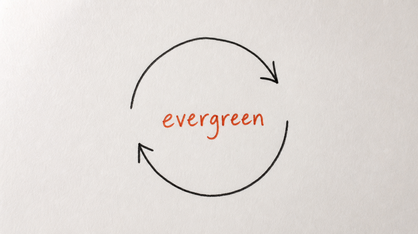Hand-drawn diagram on paper of a circular loop representing an evergreen content rotation strategy for scheduling Skool posts